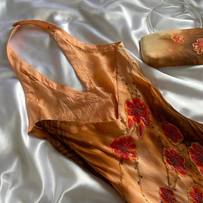 Orange Yellow fashion halter floral beading long elegant chiffon ball gown evening dress gh3284