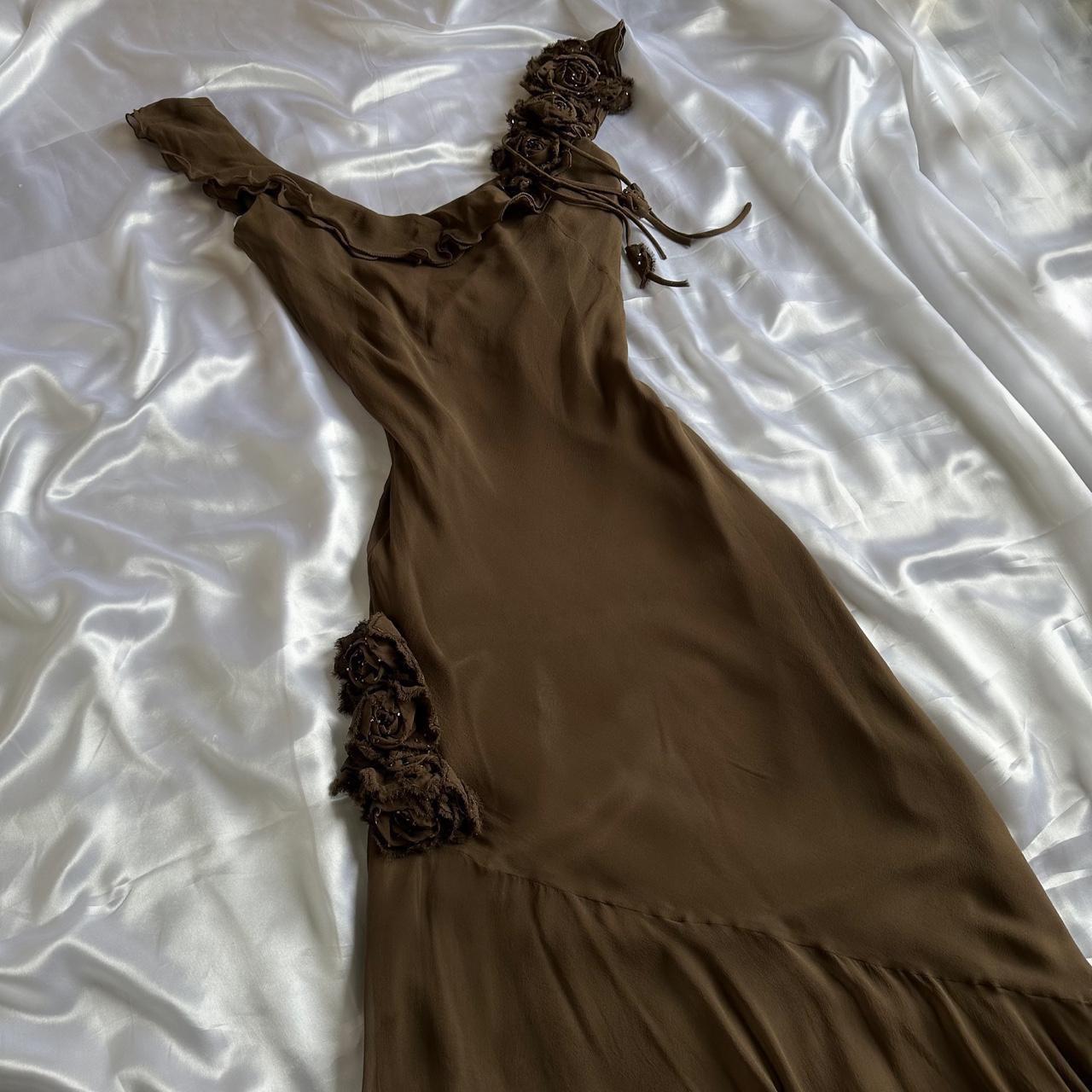 Brown Stunning Retro Unique Fashion Beautiful Elegant Exquisite Floral Long Ruffle Neckline Low Back Design Chiffon Ball Gown Evening Gown Birthday Party Gown Prom Gown gh3915