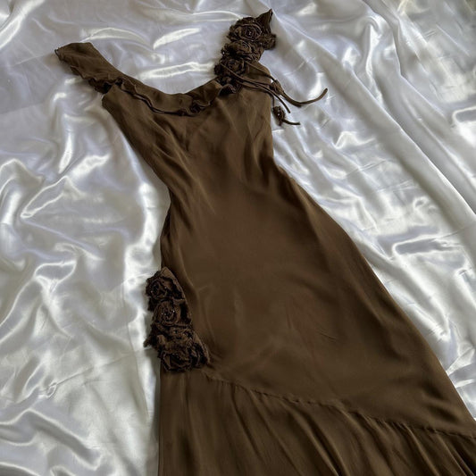 Brown Stunning Retro Unique Fashion Beautiful Elegant Exquisite Floral Long Ruffle Neckline Low Back Design Chiffon Ball Gown Evening Gown Birthday Party Gown Prom Gown gh3915