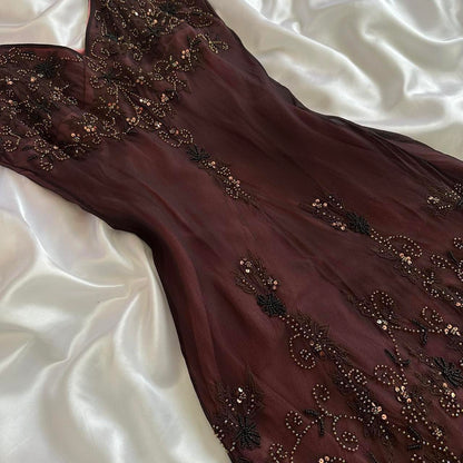 Red brown gorgeous beautiful elegant exquisite floral beading spaghetti straps long chiffon tulle ball gown evening gown party dress prom dress gh3901