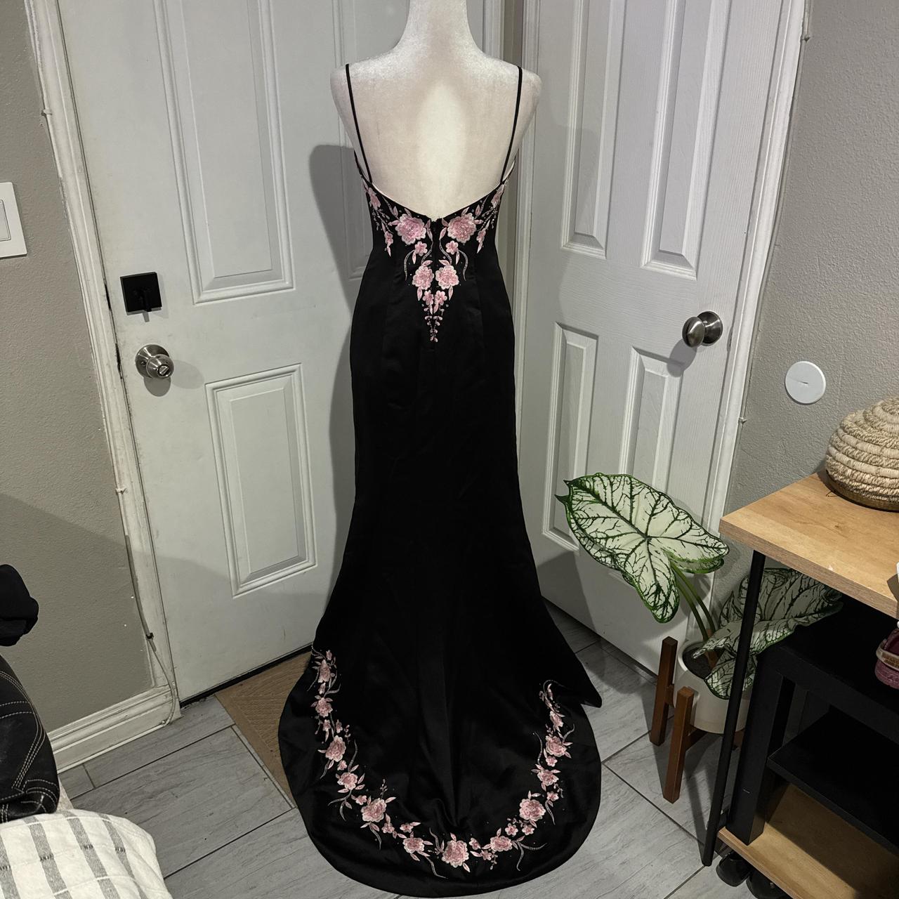 Black pink floral elegant long satin ball gown evening dress party dress gh4569