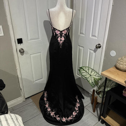 Black pink floral elegant long satin ball gown evening dress party dress gh4569