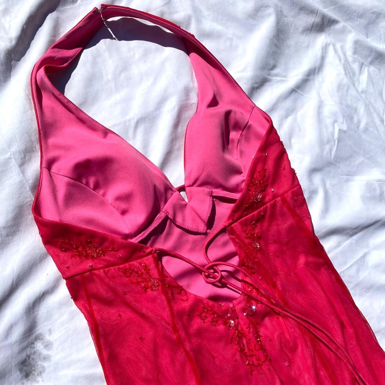 Vintage Fashion Playful and Sexy Bright Pink Deep V Delicate Floral Beaded Halter Long Satin Tulle Fairy Ball Gown Square Neck Prom Dress Evening Gown Birthday Party Dress gh3958