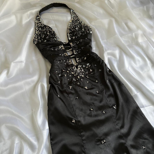 Black Gorgeous Vintage Fashion Elegant Exquisite Beaded Spaghetti Strap Long Satin Ball Gown Evening Gown Birthday Party Dress Prom Gown gh3640