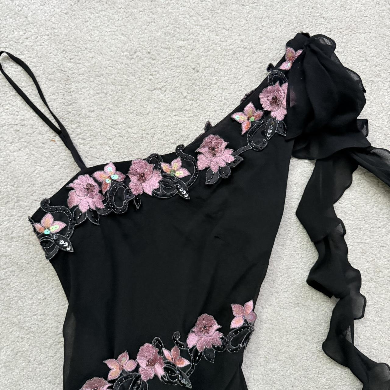 Black Gorgeous Elegant Delicate Pink Embroidered Appliqué Beaded One Shoulder Long Chiffon Ruffled Sequin Ball Gown Birthday Party Dress Evening Gown Prom Gown Holiday Date Night Gown gh4108