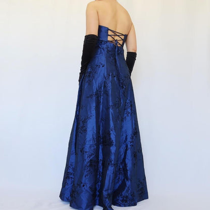 Navy Blue Vintage Floral Long Ball Gown Velvet Prom Trumpet Gown Evening Dress Party Dress gh4350