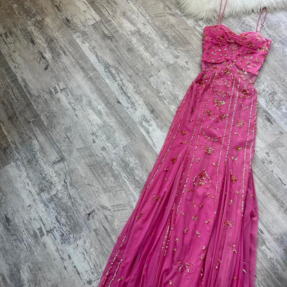 Stunning Rare Hot Pink Vintage Fashion Elegant Delicate Floral Sequin Long Chiffon Sequin Ball Gown Evening Dress Birthday Party Dress Fairy Dress Homecoming Dress Wedding Guest Dress Prom Dress gh3810