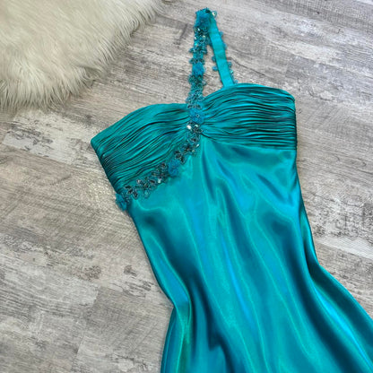 Beautiful Rehydrated Blue Exquisite One Shoulder Sequined Flower Strap Beaded Long satin Ball Gown Evening Gown Prom Gown Birthday Party Dress gh3807