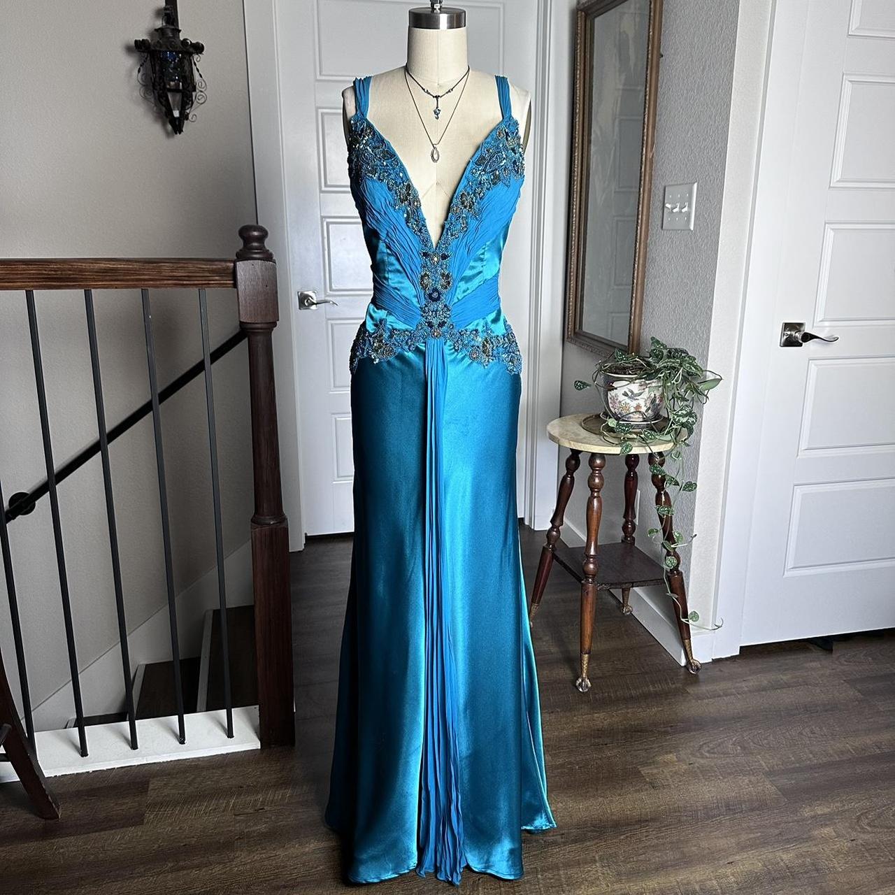Blue Retro Fashion V-Neck Elegant Exquisite Beaded Floral Long Sexy Slim Spaghetti Strap Ball Gown Evening Gown Party Dress Prom Gown gh3680