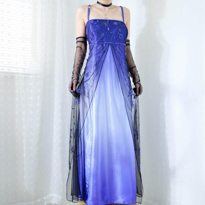 Cobalt Blue Purple Ombre Beaded Floral Long Satin Tulle Ball Gown Evening Gown Party Dress gh4296