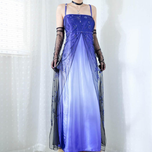 Cobalt Blue Purple Ombre Beaded Floral Long Satin Tulle Ball Gown Evening Gown Party Dress gh4296