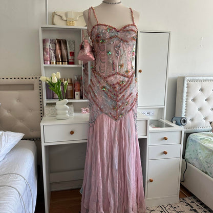 Pale Pink and Blue Flowing Vintage Fashion Mermaid Beaded Bodice Beaded with Sequins Beautiful Unique Glitter Elegant Long Chiffon Tulle Ball Gown Evening Gown Party Dress Prom Gown gh3881