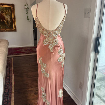 Pink Floral Sequin Elegant Long Satin Ball Gown Evening Dress Party Dress gh4570