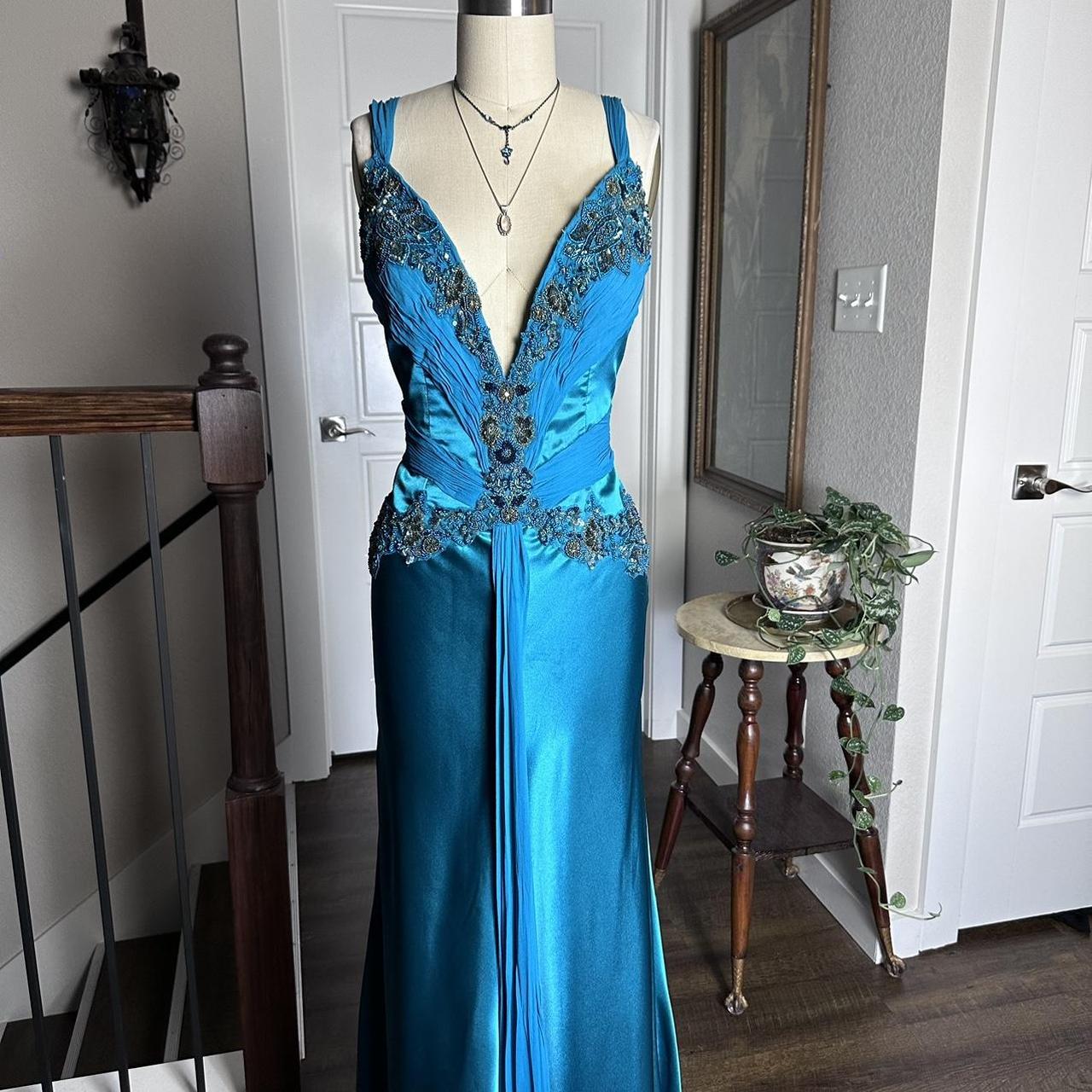 Blue Retro Fashion V-Neck Elegant Exquisite Beaded Floral Long Sexy Slim Spaghetti Strap Ball Gown Evening Gown Party Dress Prom Gown gh3680