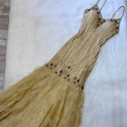 Cream Stunning Rare Vintage Long Chiffon Sequin Floral Ball Gown Evening Gown Party Dress gh4311