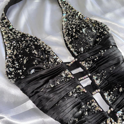 Black Gorgeous Vintage Fashion Elegant Exquisite Beaded Spaghetti Strap Long Satin Ball Gown Evening Gown Birthday Party Dress Prom Gown gh3640