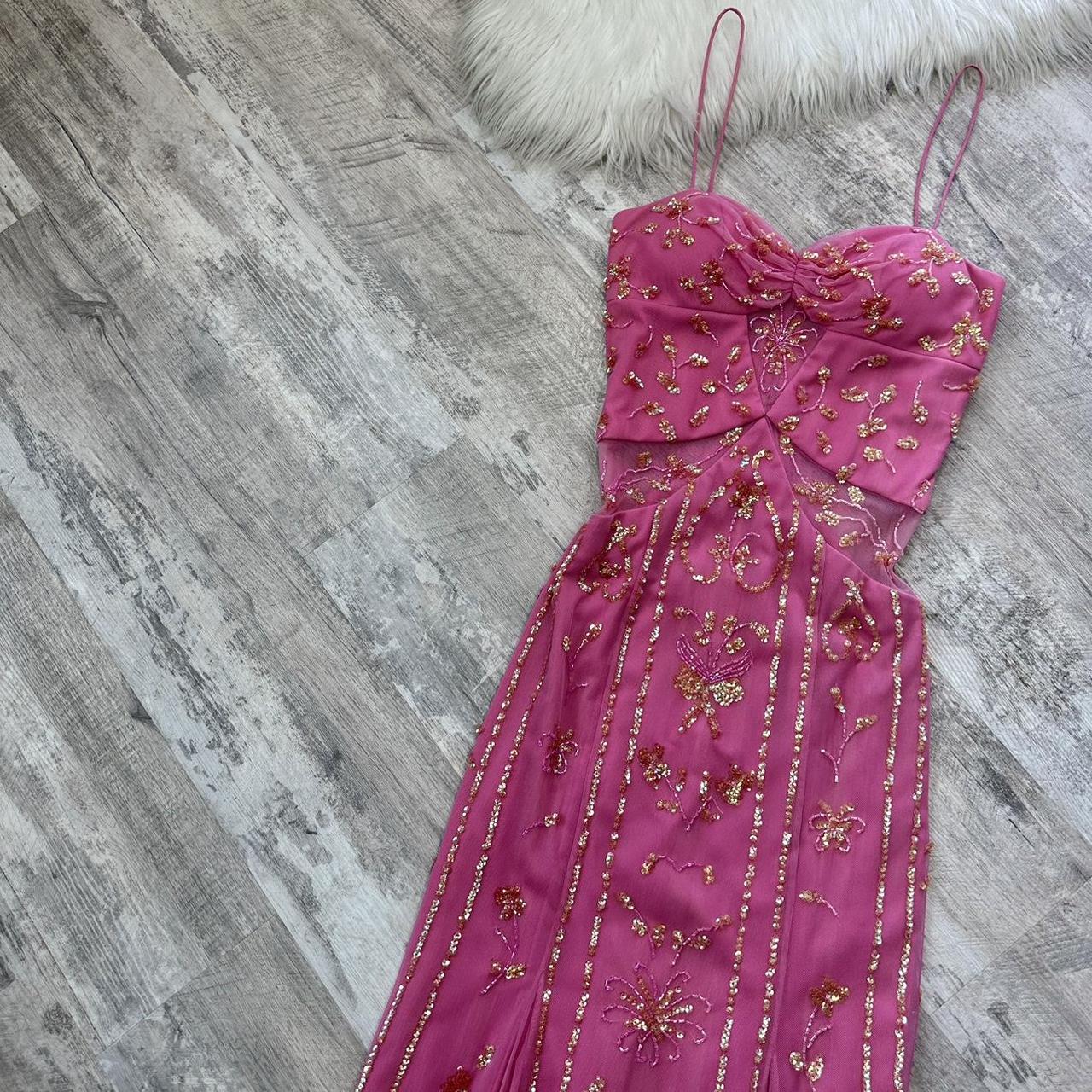 Stunning Rare Hot Pink Vintage Fashion Elegant Delicate Floral Sequin Long Chiffon Sequin Ball Gown Evening Dress Birthday Party Dress Fairy Dress Homecoming Dress Wedding Guest Dress Prom Dress gh3810