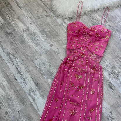 Stunning Rare Hot Pink Vintage Fashion Elegant Delicate Floral Sequin Long Chiffon Sequin Ball Gown Evening Dress Birthday Party Dress Fairy Dress Homecoming Dress Wedding Guest Dress Prom Dress gh3810