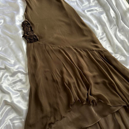 Brown Stunning Retro Unique Fashion Beautiful Elegant Exquisite Floral Long Ruffle Neckline Low Back Design Chiffon Ball Gown Evening Gown Birthday Party Gown Prom Gown gh3915