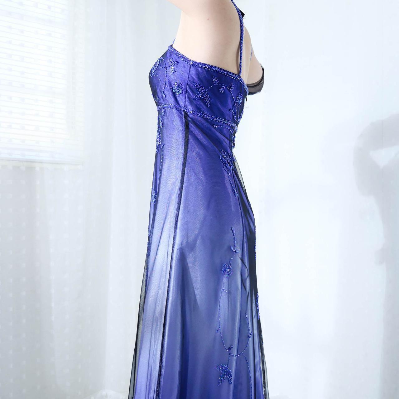 Cobalt Blue Purple Ombre Beaded Floral Long Satin Tulle Ball Gown Evening Gown Party Dress gh4296