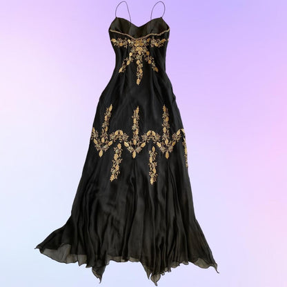 Black Gold Beautiful Embroidery Beaded Floral Spaghetti Strap Long Chiffon Ball Gown Evening Party Dress Prom Dress gh3754