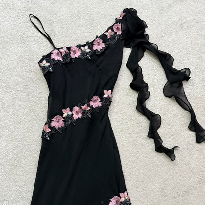 Black Gorgeous Elegant Delicate Pink Embroidered Appliqué Beaded One Shoulder Long Chiffon Ruffled Sequin Ball Gown Birthday Party Dress Evening Gown Prom Gown Holiday Date Night Gown gh4108