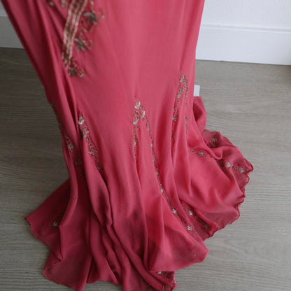 Pink Stunning Vintage Flowing Elegant Delicate Beaded Open Back Long Floor Length Mermaid Style Skirt Satin Ball Gown Evening Gown Birthday Party Gown Prom Gown gh3835