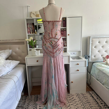 Pale Pink and Blue Flowing Vintage Fashion Mermaid Beaded Bodice Beaded with Sequins Beautiful Unique Glitter Elegant Long Chiffon Tulle Ball Gown Evening Gown Party Dress Prom Gown gh3881