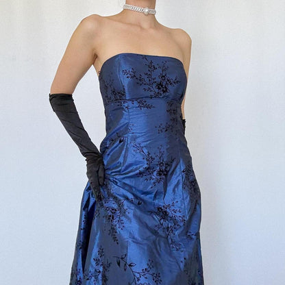 Navy Blue Vintage Floral Long Ball Gown Velvet Prom Trumpet Gown Evening Dress Party Dress gh4350