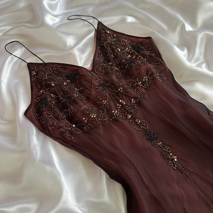 Red brown gorgeous beautiful elegant exquisite floral beading spaghetti straps long chiffon tulle ball gown evening gown party dress prom dress gh3901