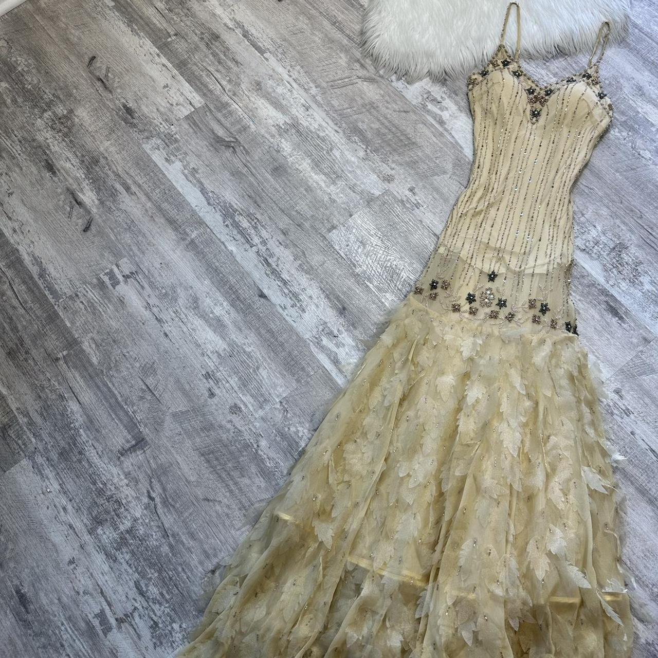 Cream Stunning Rare Vintage Long Chiffon Sequin Floral Ball Gown Evening Gown Party Dress gh4311