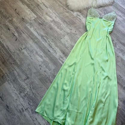 Light Green Shiny Vintage Elegant Spaghetti Strap Satin Maxi Dress Sequined Rhinestone Ball Gown Evening Dress Party Dress gh4301
