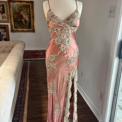 Pink Floral Sequin Elegant Long Satin Ball Gown Evening Dress Party Dress gh4570