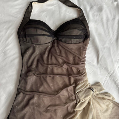 Brown and cream fashion gradient beautiful unique glitter maxi dress suspender vintage elegant long chiffon tulle ball gown evening dress party dress prom dress gh3880