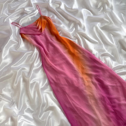 Gradient Pink Orange Retro Fashion Glitter Long Chiffon Ball Gown Evening Gown Party Dress Prom Gown gh3868