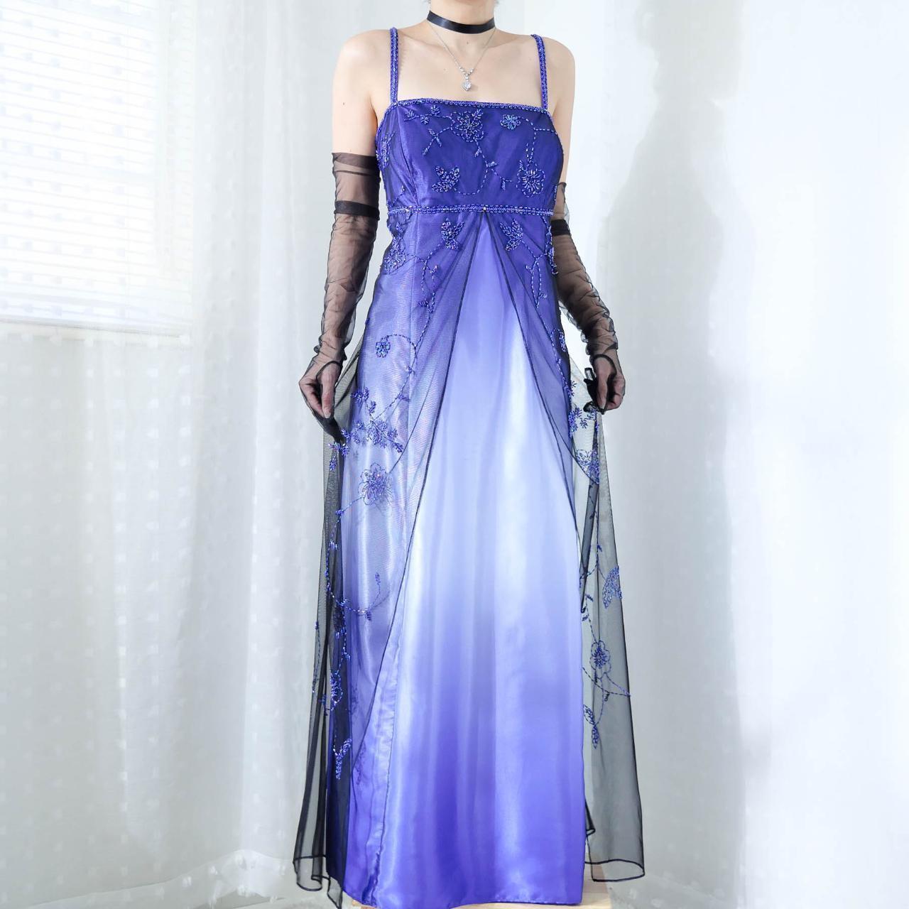 Cobalt Blue Purple Ombre Beaded Floral Long Satin Tulle Ball Gown Evening Gown Party Dress gh4296