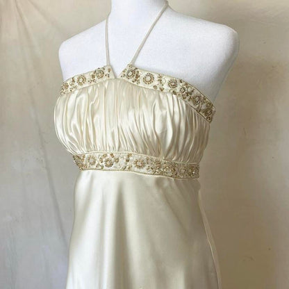 Stunning Vintage Fashion Elegant Gold Delicate Floral Beading Spaghetti Strap Long Satin Women's Ball Gown Evening Dress Party Dress Prom Dress Fairy Dress gh4183