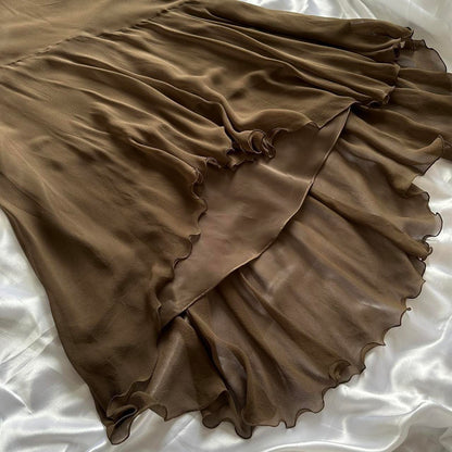 Brown Stunning Retro Unique Fashion Beautiful Elegant Exquisite Floral Long Ruffle Neckline Low Back Design Chiffon Ball Gown Evening Gown Birthday Party Gown Prom Gown gh3915