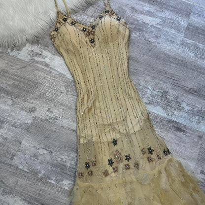 Cream Stunning Rare Vintage Long Chiffon Sequin Floral Ball Gown Evening Gown Party Dress gh4311