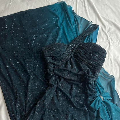 Turquoise Gradient Retro Fashion Sparkling Stunning Flowing One Shoulder Elegant Exquisite Rhinestone Long Chiffon Ball Gown Evening Gown Birthday Party Gown Prom Gown Graduation Gown gh3882