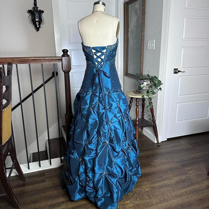 Blue Vintage Elegant Exquisite Beading Long Satin Floor Length Ball Gown Evening Gown Party Dress gh3936