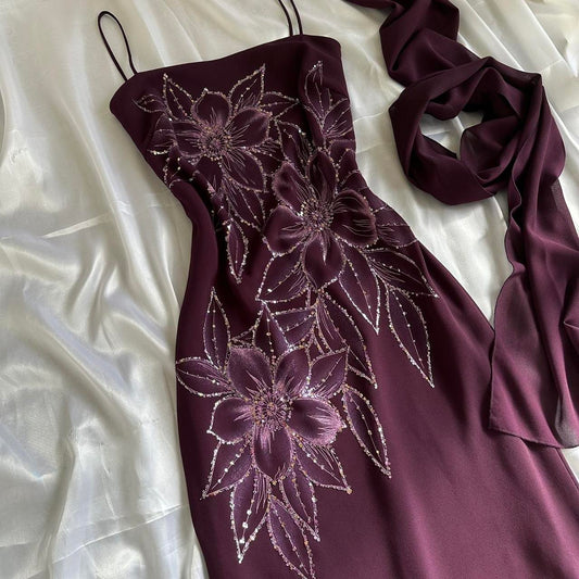 ___ Deep Plum Purple Beautiful Beautiful Vintage Gorgeous Fashion Elegant Delicate Floral Beaded Long beaded Chiffon Flowing Ball Gown Evening Gown Birthday Wedding Guest Party Dress Prom Gown Mother of the Bride Gown gh4015
