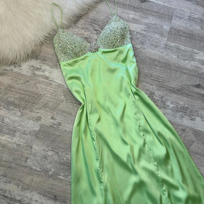 Light Green Shiny Vintage Elegant Spaghetti Strap Satin Maxi Dress Sequined Rhinestone Ball Gown Evening Dress Party Dress gh4301