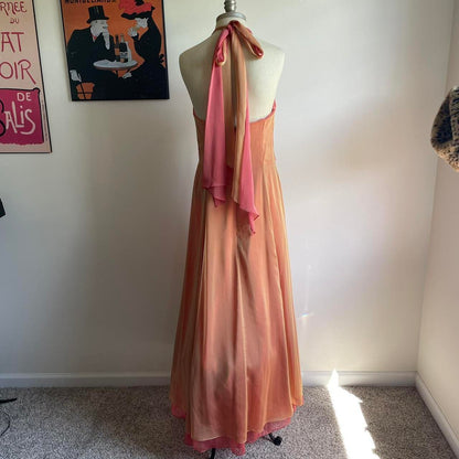 Orange Pink Fashion Elegant V-neck Halter Backless Lace-up Long Tulle Ball Gown Evening Dress Party Dress gh3579