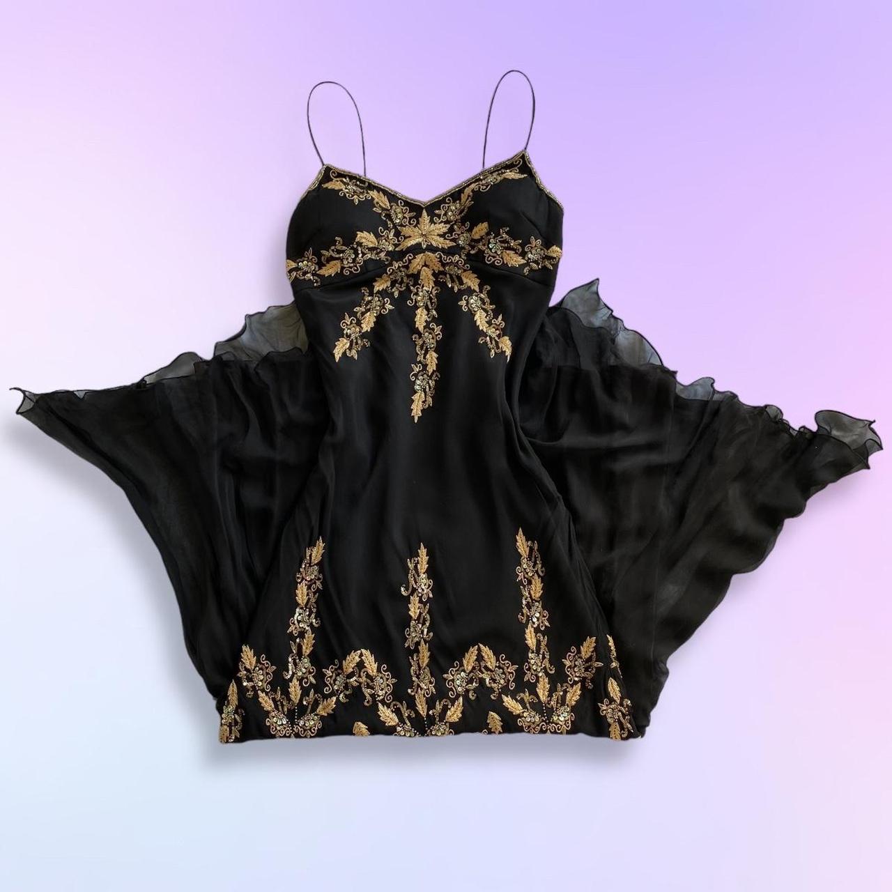 Black Gold Beautiful Embroidery Beaded Floral Spaghetti Strap Long Chiffon Ball Gown Evening Party Dress Prom Dress gh3754