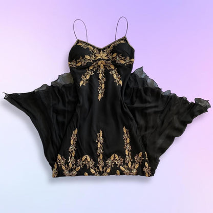 Black Gold Beautiful Embroidery Beaded Floral Spaghetti Strap Long Chiffon Ball Gown Evening Party Dress Prom Dress gh3754