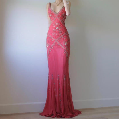 Pink Stunning Vintage Flowing Elegant Delicate Beaded Open Back Long Floor Length Mermaid Style Skirt Satin Ball Gown Evening Gown Birthday Party Gown Prom Gown gh3835