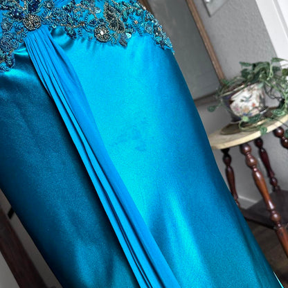 Blue Retro Fashion V-Neck Elegant Exquisite Beaded Floral Long Sexy Slim Spaghetti Strap Ball Gown Evening Gown Party Dress Prom Gown gh3680