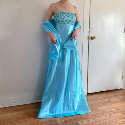 Light Blue Vintage Fashion Playful Deep V Exquisite Floral Beaded Halter Long Satin Tulle Fairy Ball Gown Square Neck Prom Dress Evening Dress Birthday Party Dress gh3959