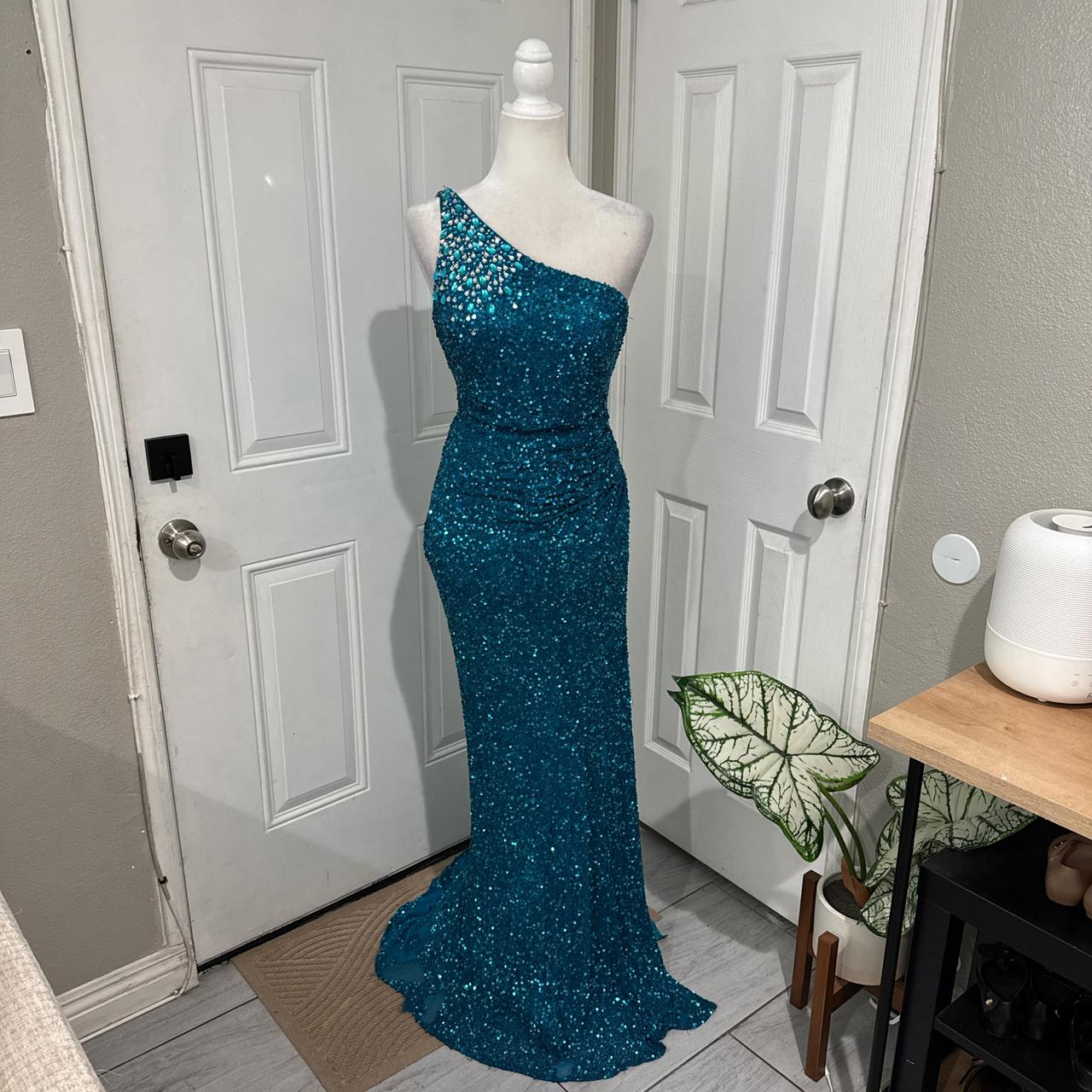 Peacock Blue Shiny Elegant Long Sequined Ball Gown Evening Dress Party Dress gh4567